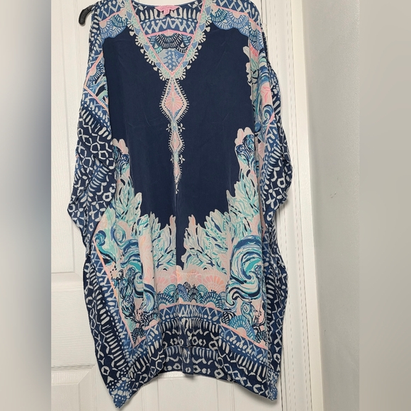 Lilly Pulitzer Atlin Elegant Navy and Pink Kaftan Swim Cover-Up L/XL 100% Silk - Picture 4 of 8